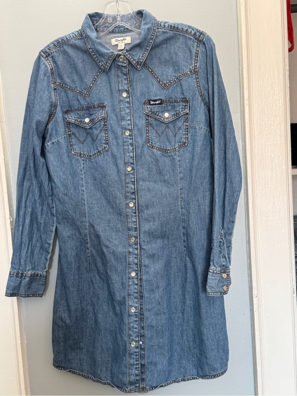 Wrangler Blue Denim Western Shirt Dress Pearl Snap Buttons Blue Small Cowgirl